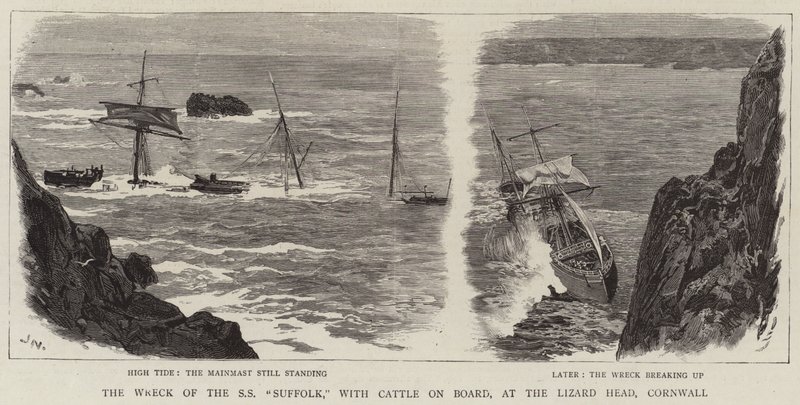 Vraket av SS Suffolk, med boskap ombord, vid Lizard Head, Cornwall av Joseph Nash