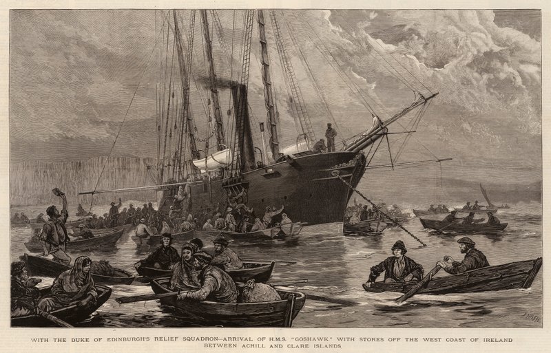 Med hertigen av Edinburghs hjälpskvadron, ankomst av HMS Goshawk med butiker utanför Irlands västkust mellan Achill och Clare Islands av Joseph Nash