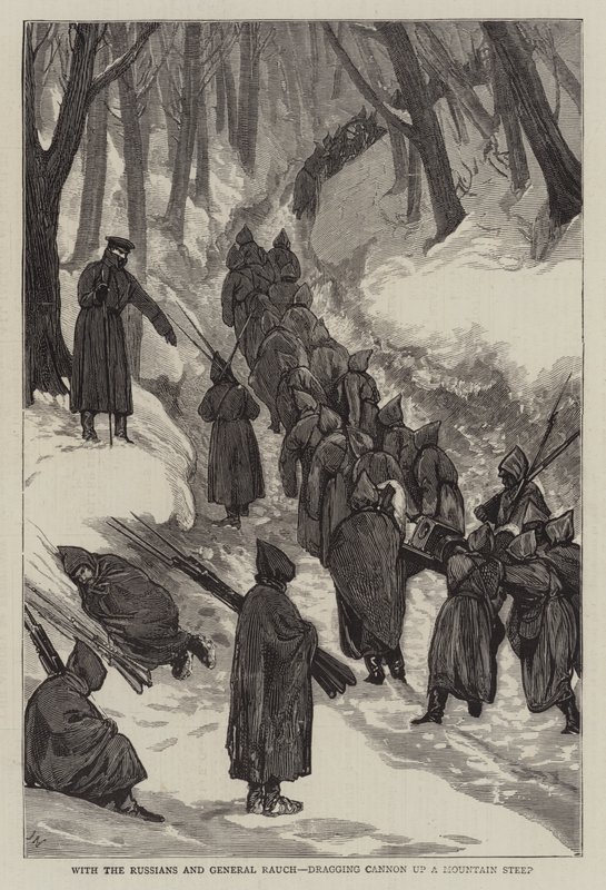 Med ryssarna och general Rauch, dra Cannon uppför ett bergsbrant av Joseph Nash