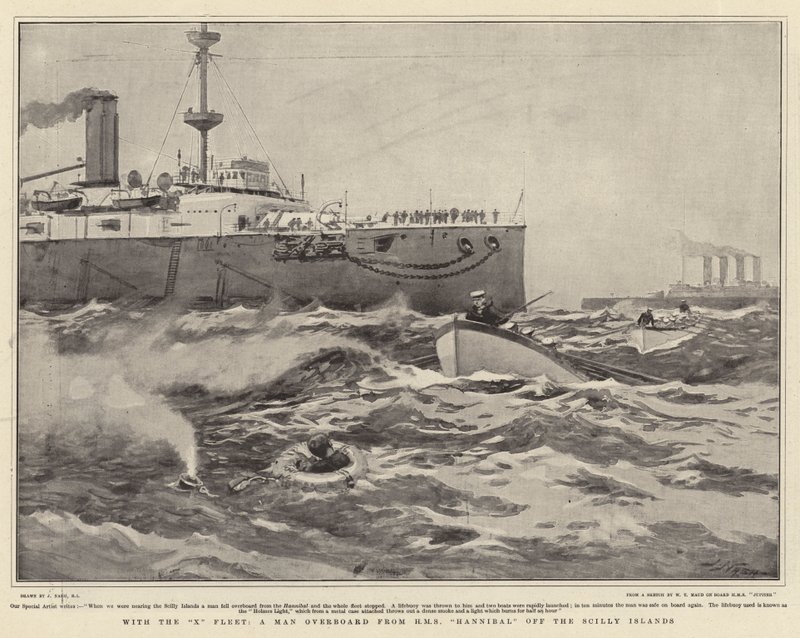 Med X Fleet, en man överbord från HMS Hannibal utanför Scillyöarna. av Joseph Nash