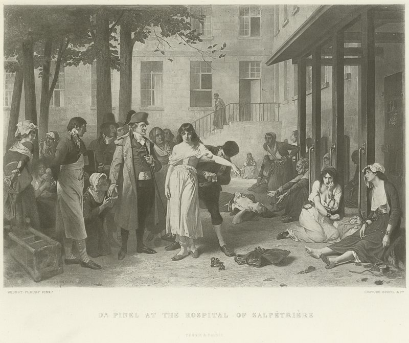 Dr Pinel på sjukhuset i Salpetriere (gravyr) av Joseph Nicolas Robert Fleury