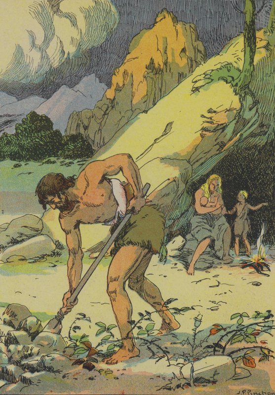 Adam bearbetar jorden efter att ha fördrivits från Edens lustgård (färglitografi) av Joseph Porphyre Pinchon
