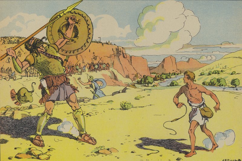 David och Goliat (färglitografi) av Joseph Porphyre Pinchon