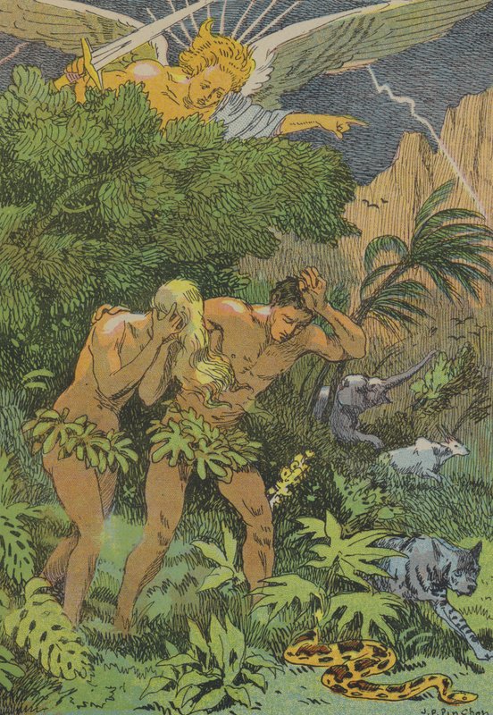 Fördrivning av Adam och Eva från Edens lustgård (färglitografi) av Joseph Porphyre Pinchon