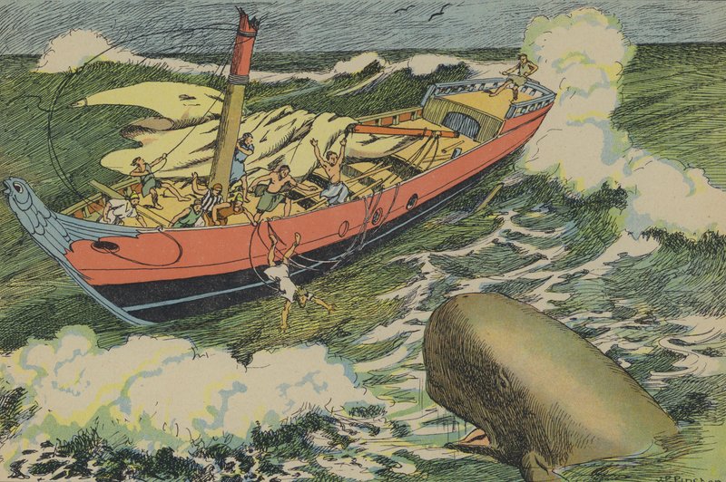 Jonah och valen (färglitografi) av Joseph Porphyre Pinchon