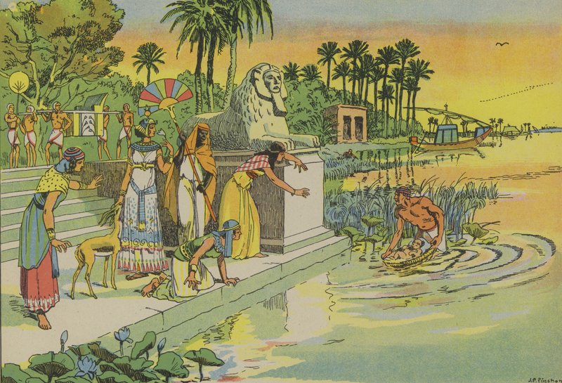 Moses hittas bland tjurruskorna (färglitografi) av Joseph Porphyre Pinchon