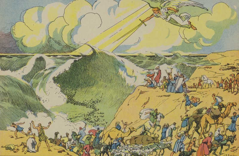 Moses korsar Röda havet (färglitografi) av Joseph Porphyre Pinchon