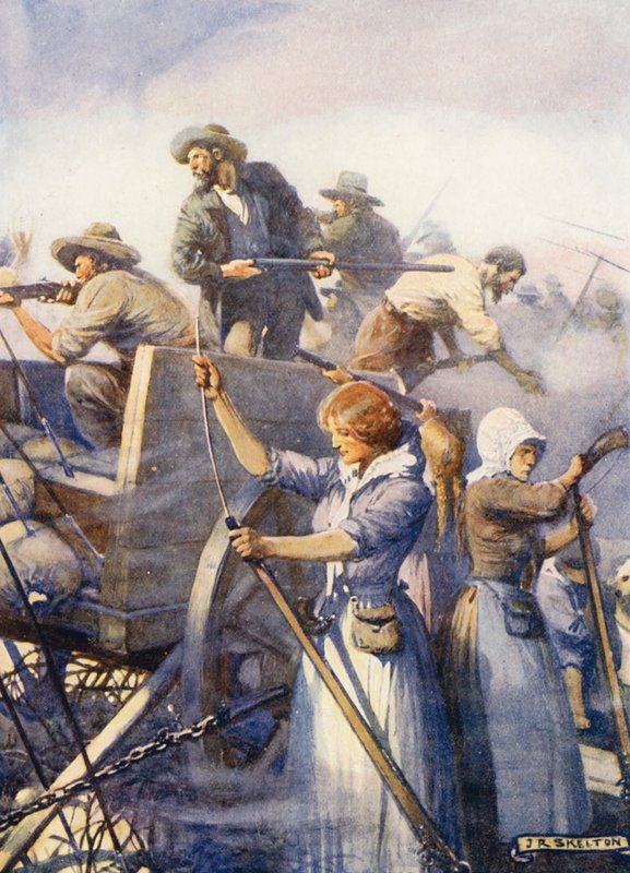 Kvinnorna laddade de tomma vapnen (färglitografi) av Joseph Ratcliffe (after) Skelton