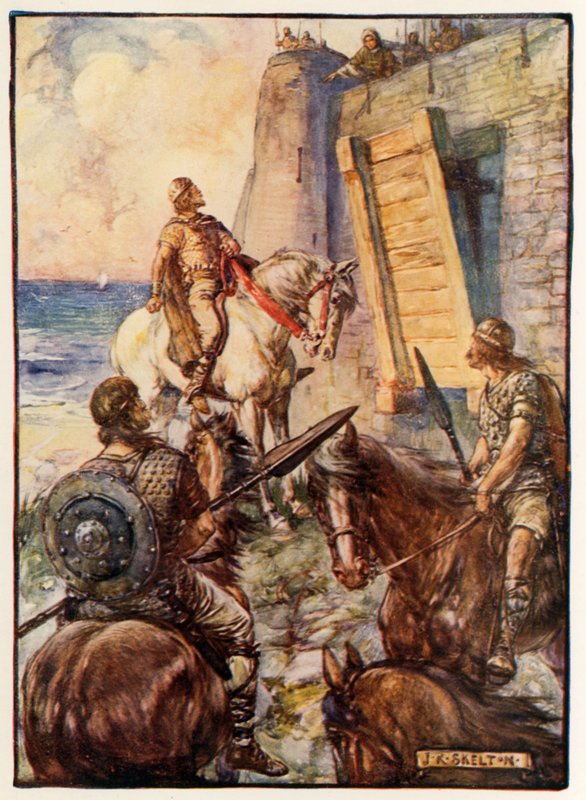 Macbeth vägras inträde av Lady Macduff medan hennes man flyr sjövägen av Joseph Ratcliffe Skelton