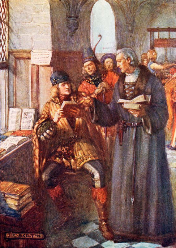 Adelsmän besöker William Caxtons tryckeri av Joseph Ratcliffe Skelton