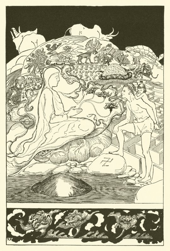 Krabban Pau Amma sprang iväg medan den äldsta magikern pratade med mannen och hans dotterdotter (gravyr) av Joseph Rudyard (after) Kipling