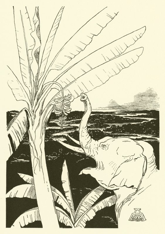 Elefantens barn ska dra bananer (gravyr) av Joseph Rudyard (after) Kipling