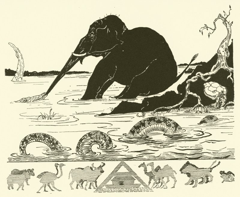 Elefantens barn får näsan dragen av krokodilen (gravyr) av Joseph Rudyard (after) Kipling