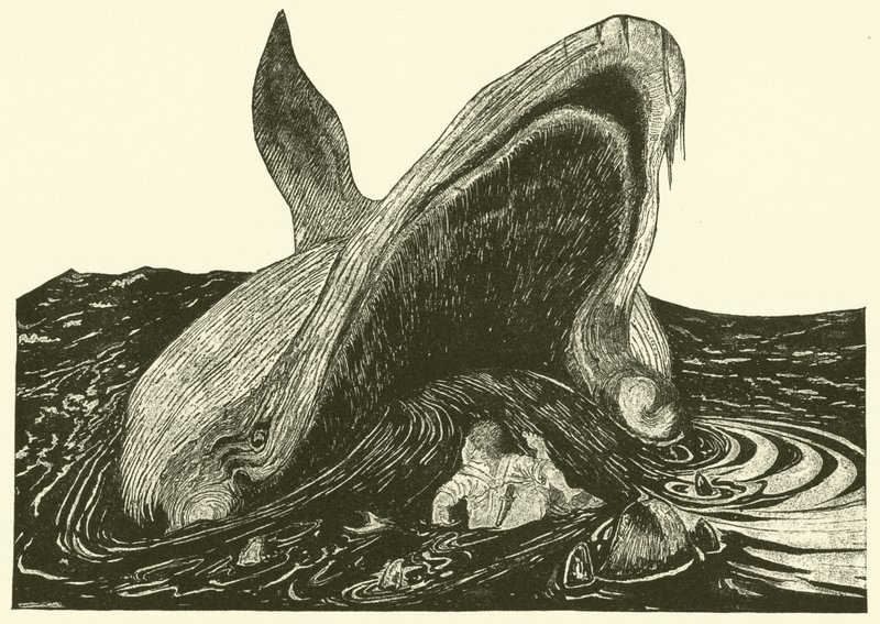 Valen som sväljer sjömannen (gravyr) av Joseph Rudyard (after) Kipling