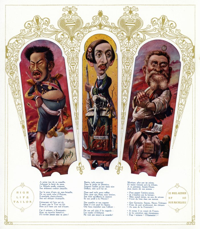 Karikatyrer: Meiji-kejsaren av Japan; Maurice Barres, fransk författare och nationalistisk politiker; Jean Jaures, fransk politiker (färg litho) av Joseph Sirat