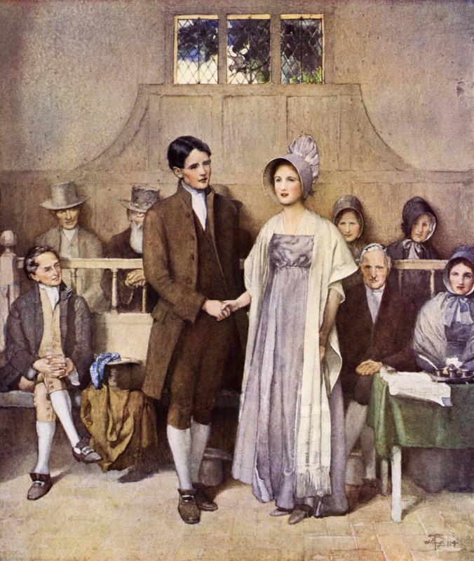 Ett kväkarbröllop, kärlek och lojalitet (litho i färg) av Joseph Walter West