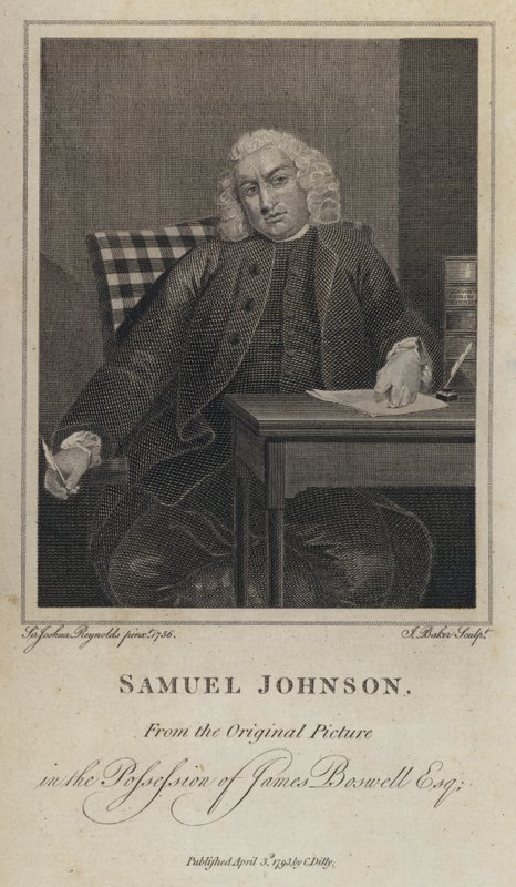 Samuel Johnson, engelsk författare och lexikograf (gravyr) av Joshua (after) Reynolds