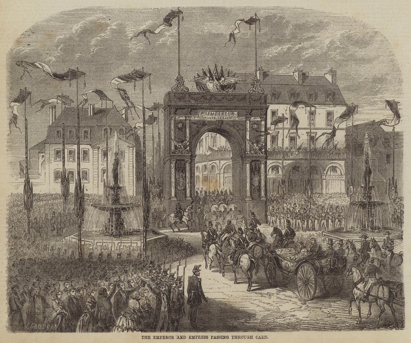 Kejsaren och kejsarinnan passerar genom Caen. av Jules Gaildrau