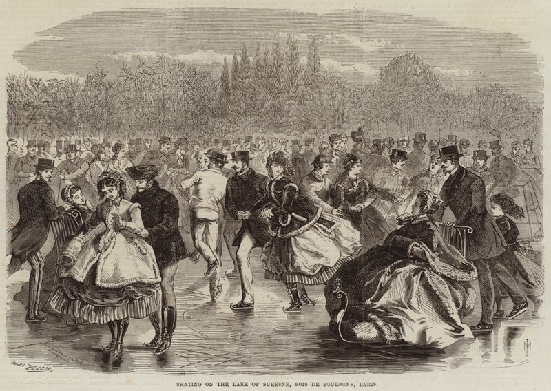 Skridskoåkning på sjön Suresne, Bois de Boulogne, Paris av Jules Pelcoq