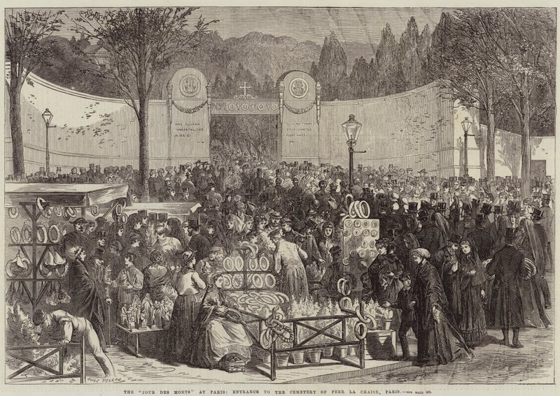 Jour Des Morts i Paris, ingången till kyrkogården Pere La Chaise, Paris av Jules Pelcoq
