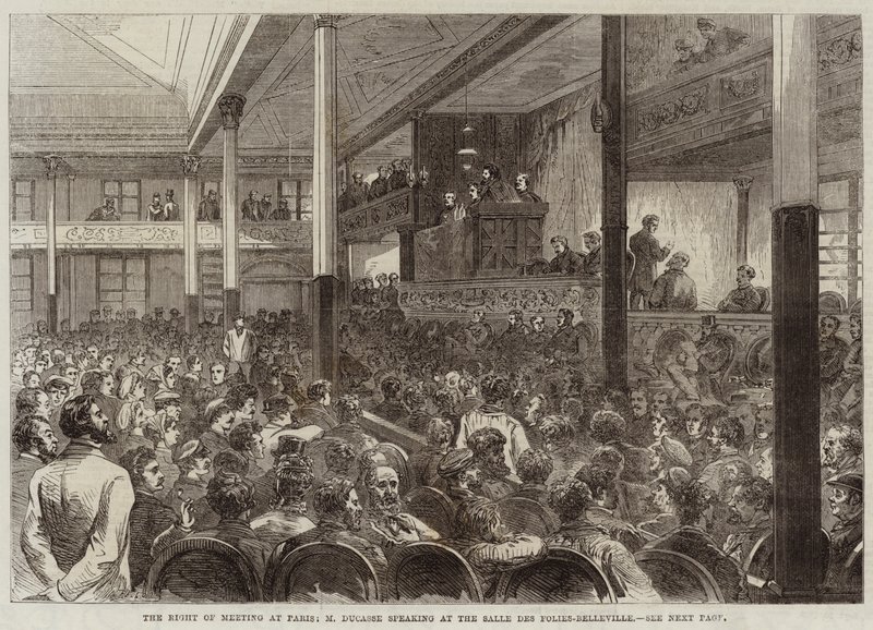 Mötesrätten i Paris, M Ducasse talar på Salle des Folies-Belleville av Jules Pelcoq