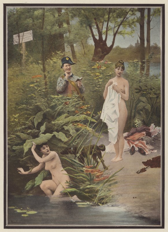 Kvinnor fångade på bar gärning (färg litho) av Jules (after) Scalbert