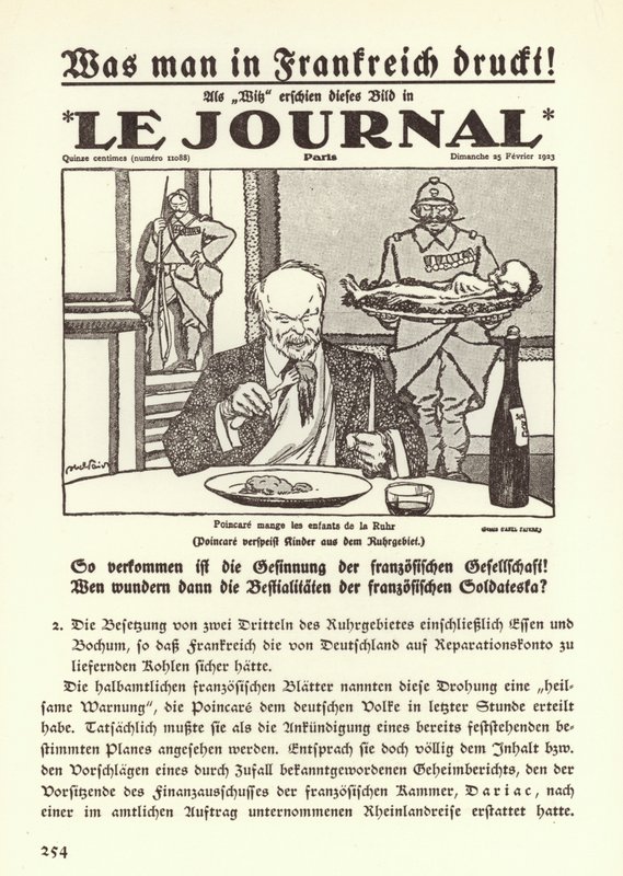 Tysk propaganda som skildrar förstasidan på en fransk tidning med en tecknad serie som visar premiärminister Raymond Poincare äta upp barnen i Ruhr under den franska ockupationen av regionen av Jules Abel Faivre
