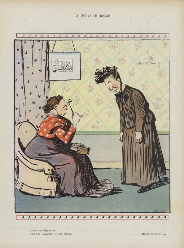Den nya hembiträdet. Illustration för Le Rire av Jules Abel Faivre