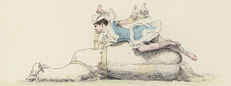 Cirkusartist, liggande på en häst, med duvor på armen och huvudet (färg litho) av Jules Arsene (after) Garnier