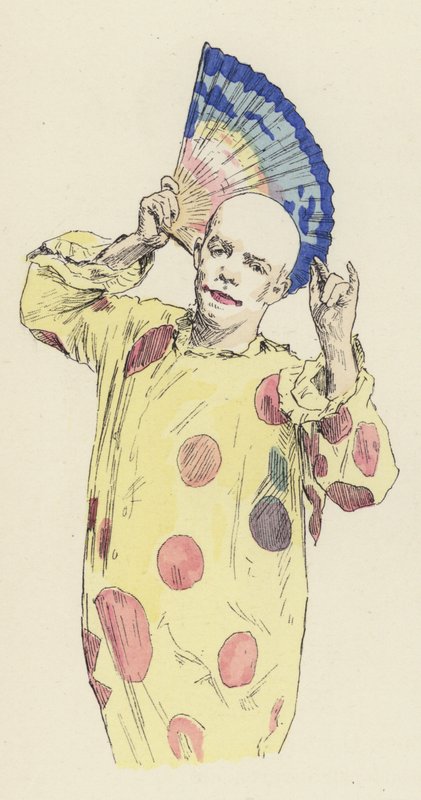 Clown som håller en fläkt (färg litho) av Jules Arsene (after) Garnier