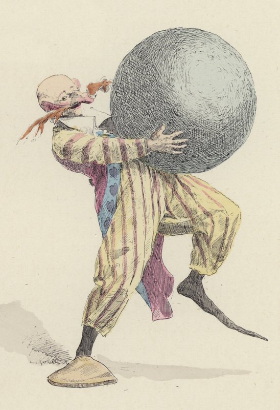 Clown som håller en stor boll (färg litho) av Jules Arsene (after) Garnier