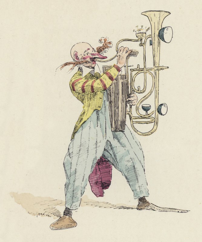 Clown spelar ett ovanligt musikinstrument (färg litho) av Jules Arsene (after) Garnier
