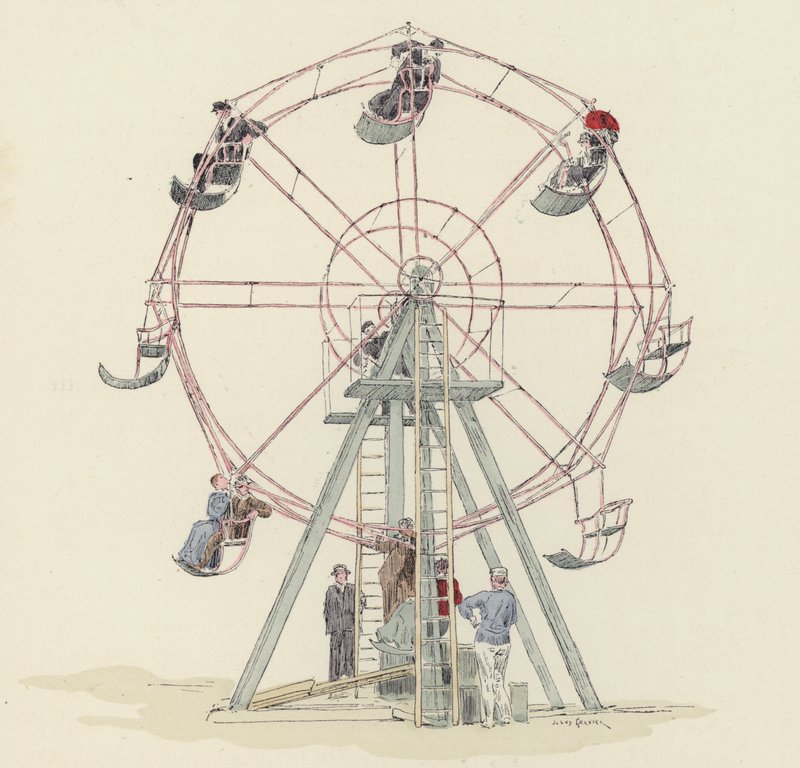 Fairground hjul (färg litho) av Jules Arsene (after) Garnier