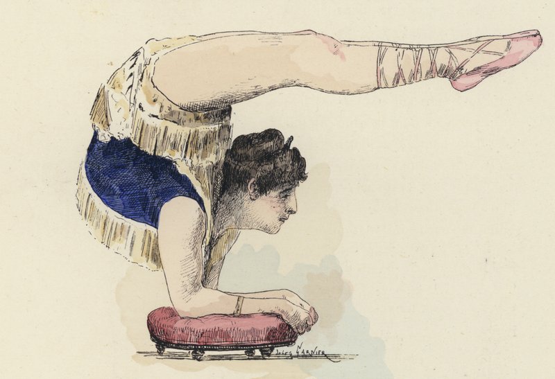 Kvinnlig gymnast gör armbågsstativ (färg litho) av Jules Arsene (after) Garnier