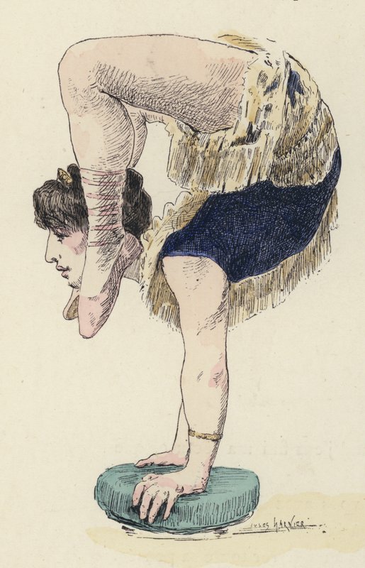 Kvinnlig gymnast gör handstående (färg litho) av Jules Arsene (after) Garnier