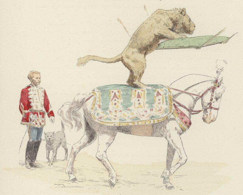 Lejon som balanserar på häst (färg litho) av Jules Arsene (after) Garnier