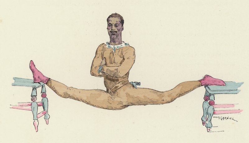 Manlig gymnast som gör splittringarna (färg litho) av Jules Arsene (after) Garnier