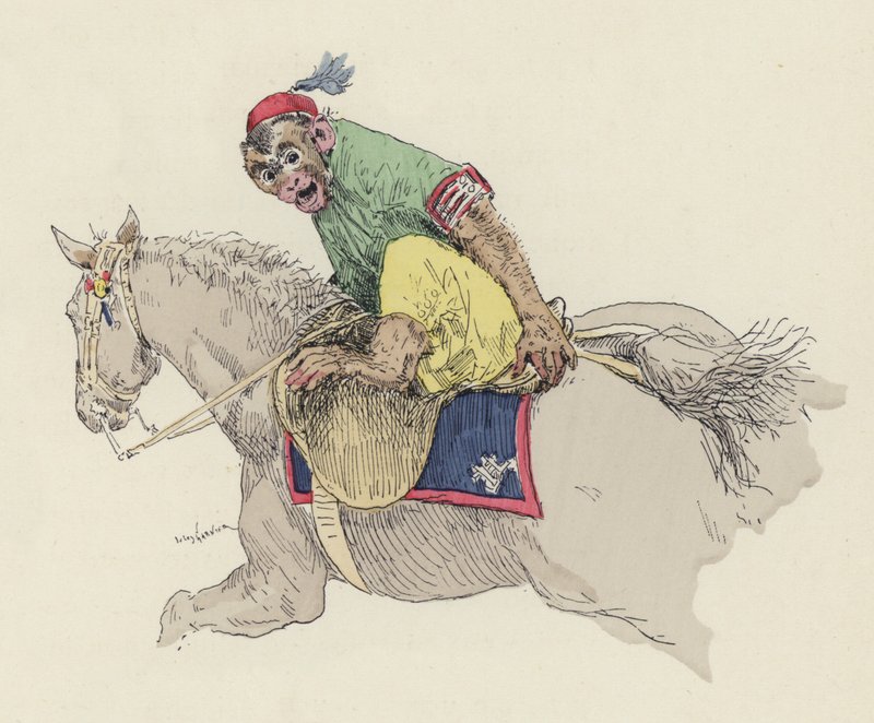 Apa som rider på en häst (färg litho) av Jules Arsene (after) Garnier