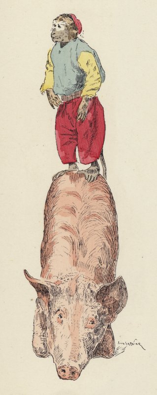 Apa som rider på en gris (färg litho) av Jules Arsene (after) Garnier