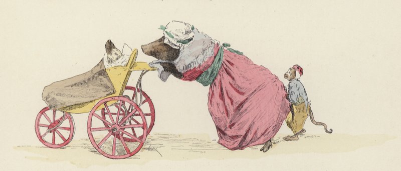 Gris som knuffar en hund i en barnvagn, med en apa bakom (färg litho) av Jules Arsene (after) Garnier