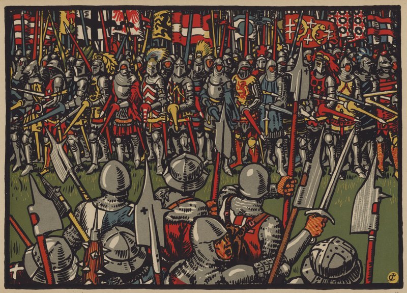 Schweizarnas seger över österrikarna i slaget vid Sempach, 9 juli 1386 (färg litho) av Jules Courvoisier