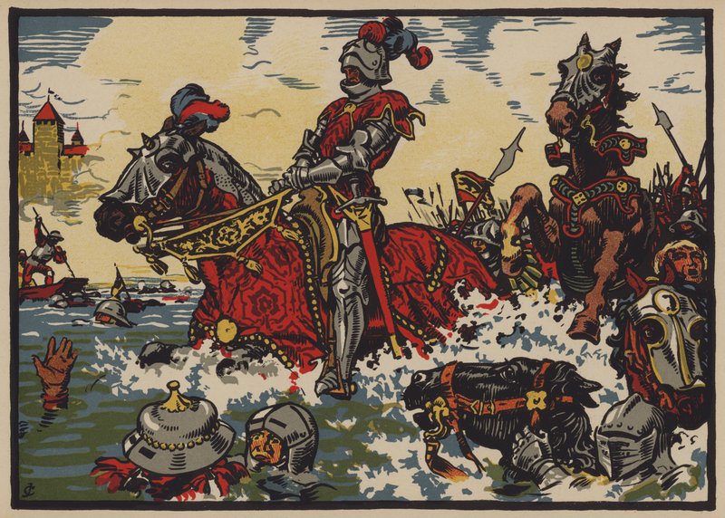Schweizarnas seger över burgunderna i slaget vid Morat, 22 juni 1476 (färg litho) av Jules Courvoisier