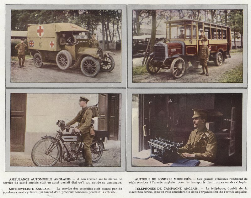 Engelsk motorambulans, mobiliserade Londonbussar, engelsk motorcyklist, engelska landstelefoner av Jules Gervais Courtellemont