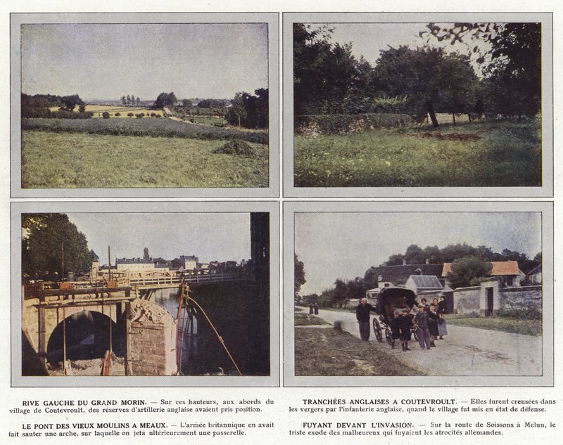 Left Bank of the Grand Morin, engelska tranchees vid Coutevroult, Pont des Vieux Moulins vid Meaux, Flying from invasionen av Jules Gervais Courtellemont
