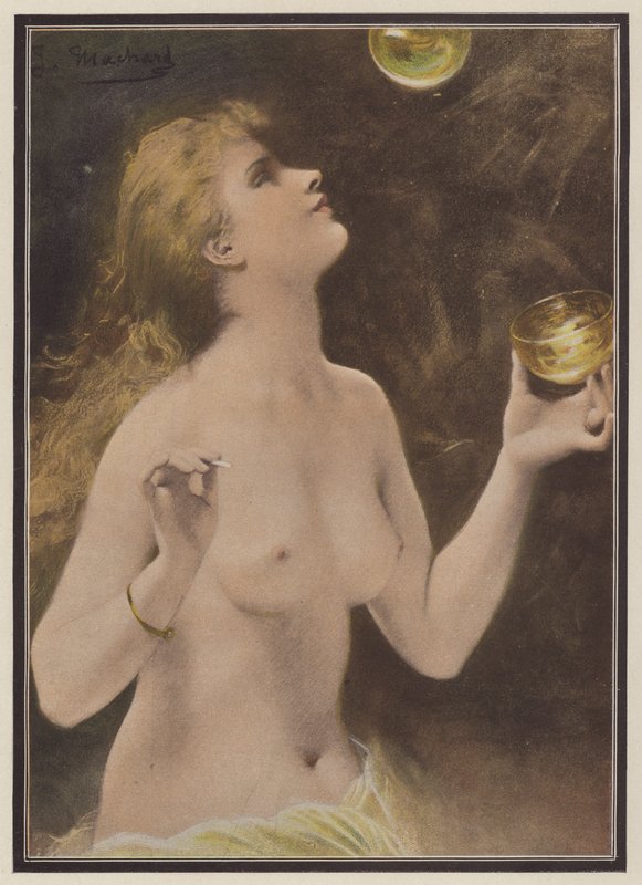 Kvinna som blåser såpbubblor (färg litho) av Jules Louis Machard
