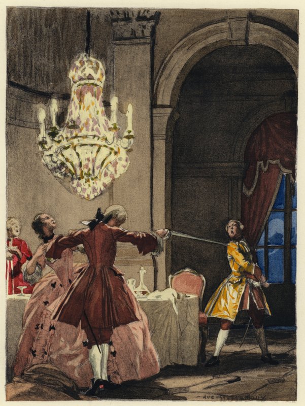 Illustration till Casanovas memoarer (färglitografi) av Jules Marie Auguste Leroux