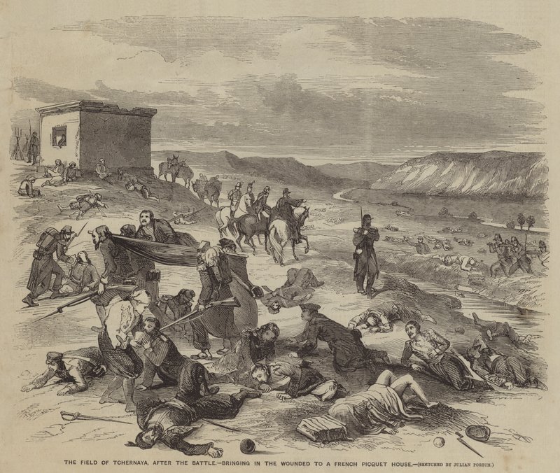 The Field of Tchernaya, efter slaget, för in de sårade till ett franskt Picquet-hus av Julian Portch