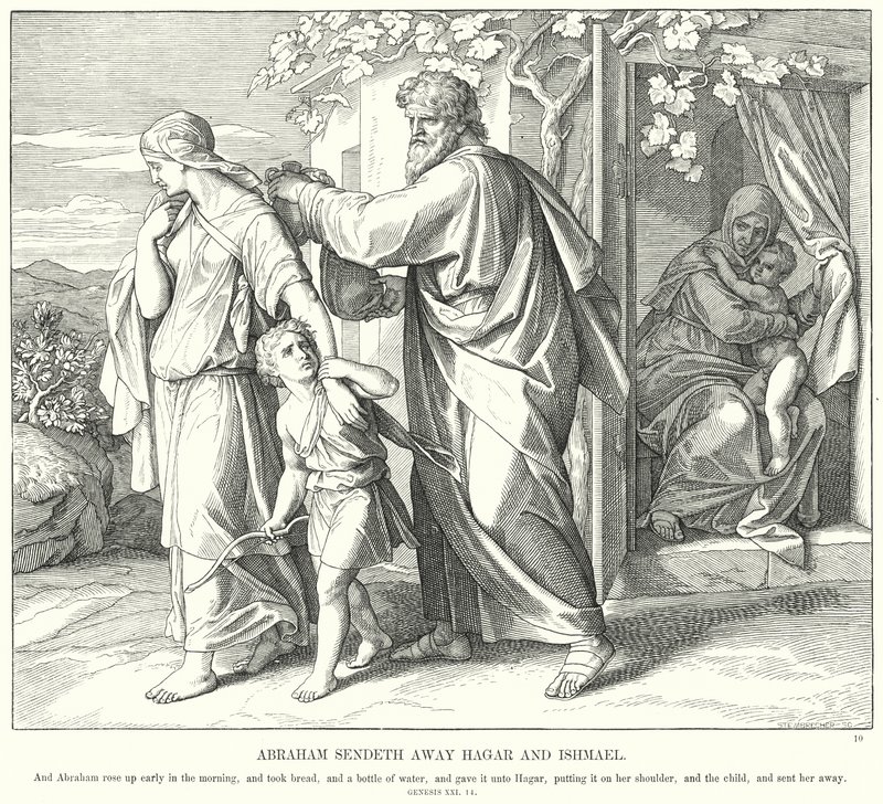 Abraham skickar bort Hagar och Ismael (gravyr) av Julius (after) Schnorr von Carolsfeld