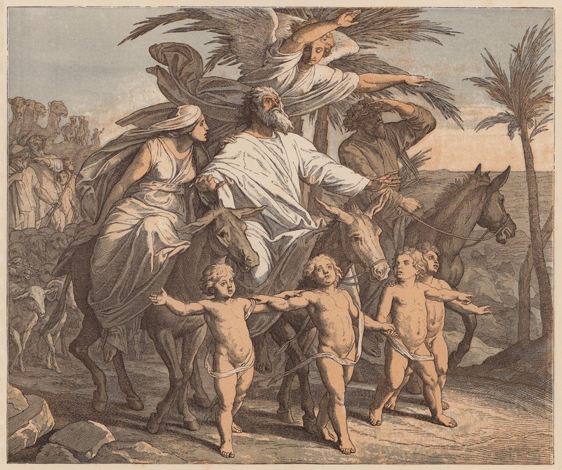 Abraham skådar det förlovade landet, Första Moseboken, XII, 7 (kolorerad gravyr) av Julius (after) Schnorr von Carolsfeld