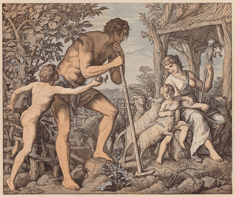 Adam och Eva efter syndafallet, Första Moseboken, III av Julius (after) Schnorr von Carolsfeld